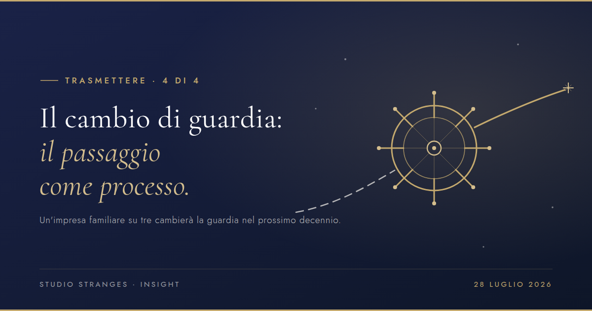 Un timone attraversato da una rotta che entra tratteggiata ed esce piena: la guardia cambia, la rotta continua. Capitolo Trasmettere, Studio Stranges Insight